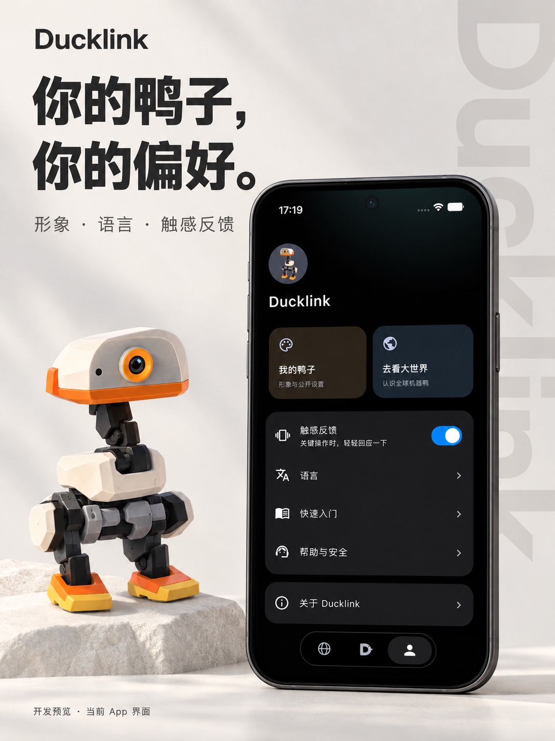 Ducklink 当前 App 界面宣传图：形象、语言与触感反馈设置